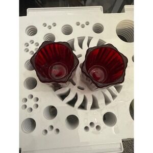 Vintage Ruby Red Glass Star Votive Candle Holders Scalloped Ribbed Set of 2 USA